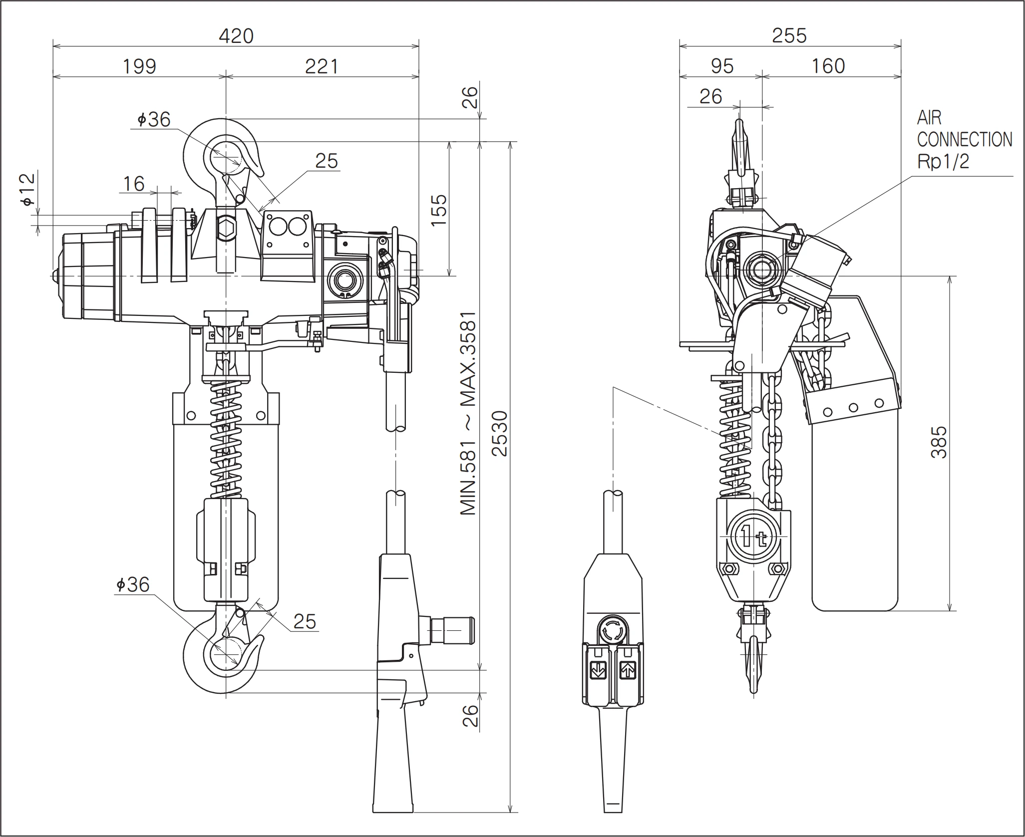 ENDO ATEX Pneumatic Chain Hoist (EHV Series) 250-1000 kg - view 3